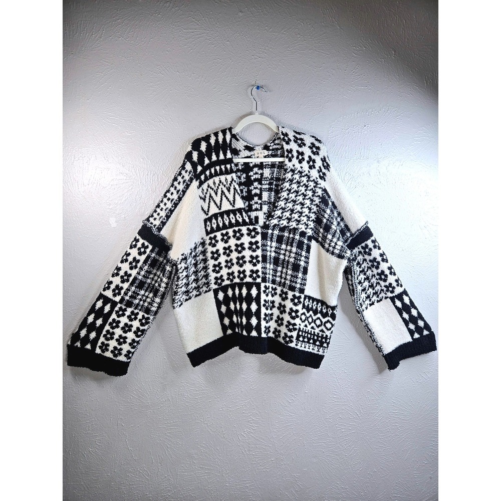 POL Patchwork Pullover Sweater Black White Fuzzy Knit Slouchy Oversized Cottage